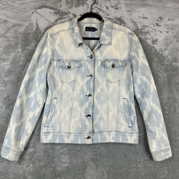 Ci Sono Jackets & Blazers - Ci Sono Denim Jacket Women's L Blue Off White Long Sleeve Ikat Print